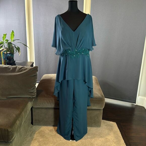 Women’s Blue 2 Piece Chiffon Formal Wedding Pantsuit Zip Up Back Size 16 - Picture 1 of 16